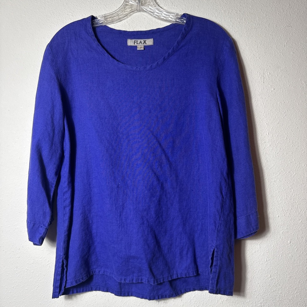 FLAX Women's 100% Linen Blue Tunic Top Size S 3/4 Sleeve Side Slits